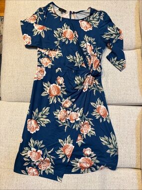 Floral Tie-Front Midi Dress in Navy and Peach - Women